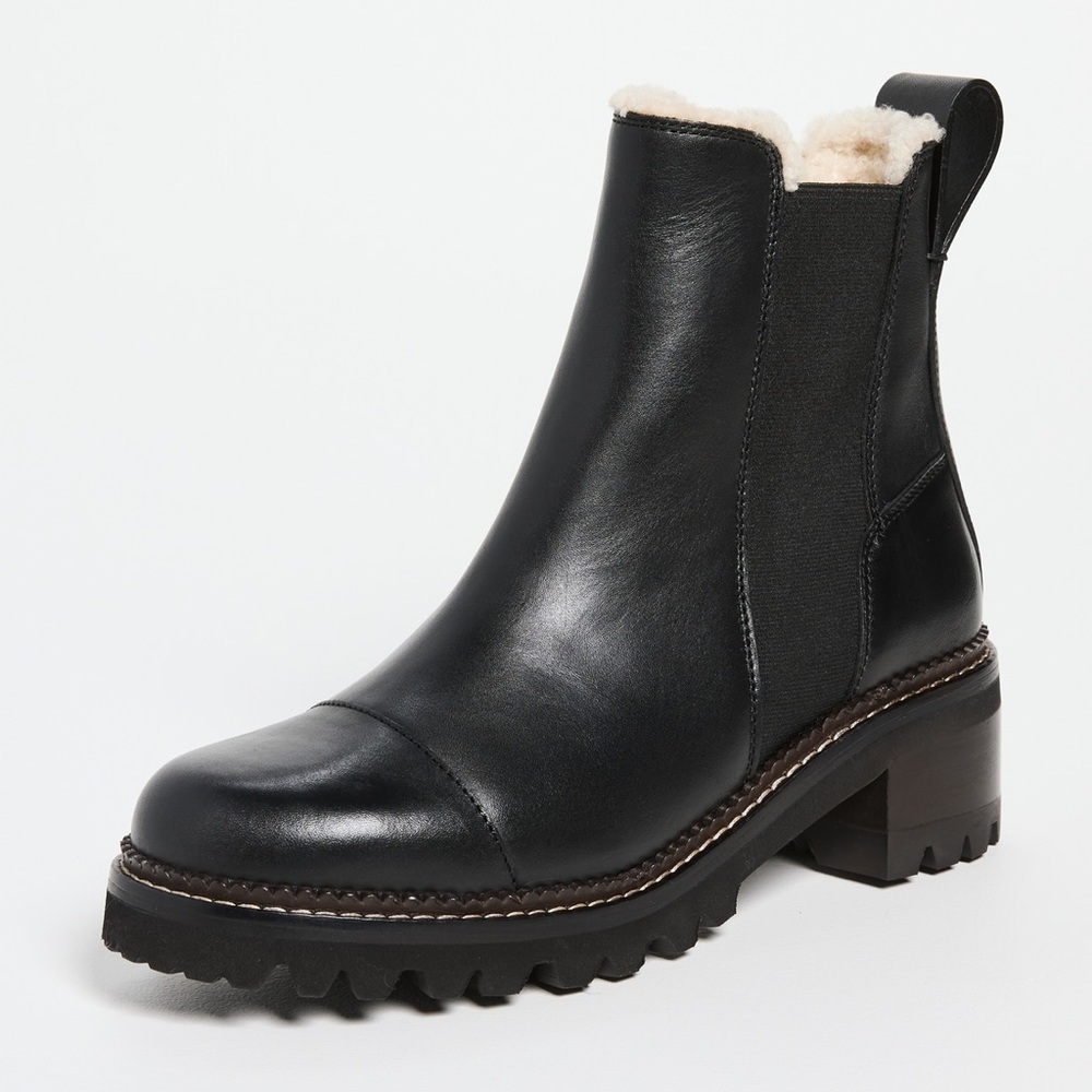 See by Chloé Black Leather Chelsea Bootie Shearling Lined Lug Sole 38 NIB
